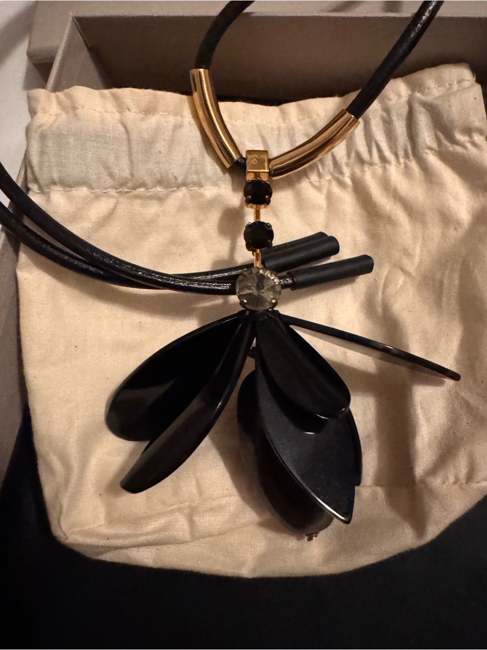 MARNI  Black leather Floral Pendant Necklace with Gold-Tone Accents - Picture 3 of 5